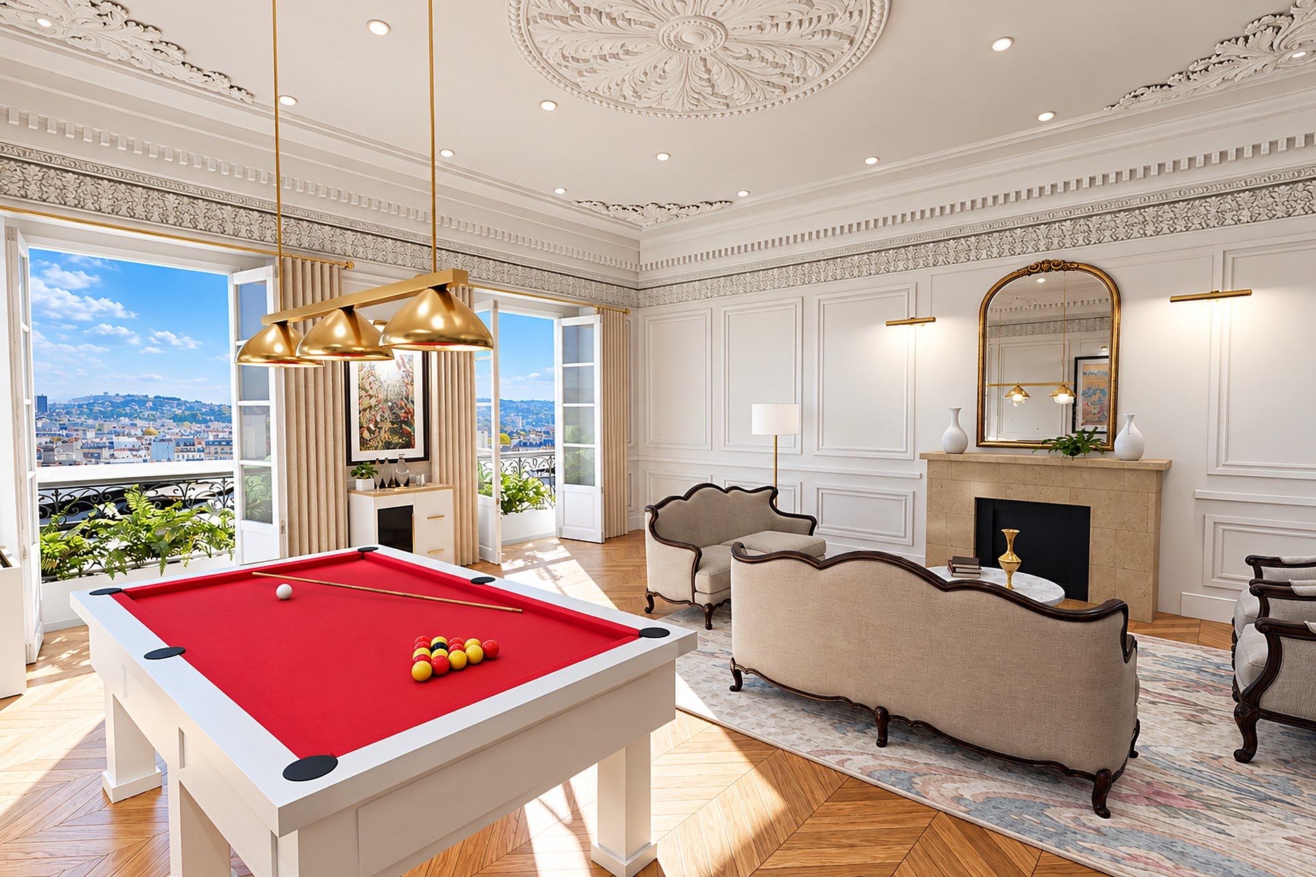 L'accueil : le salon devant la cheminée et le billard.