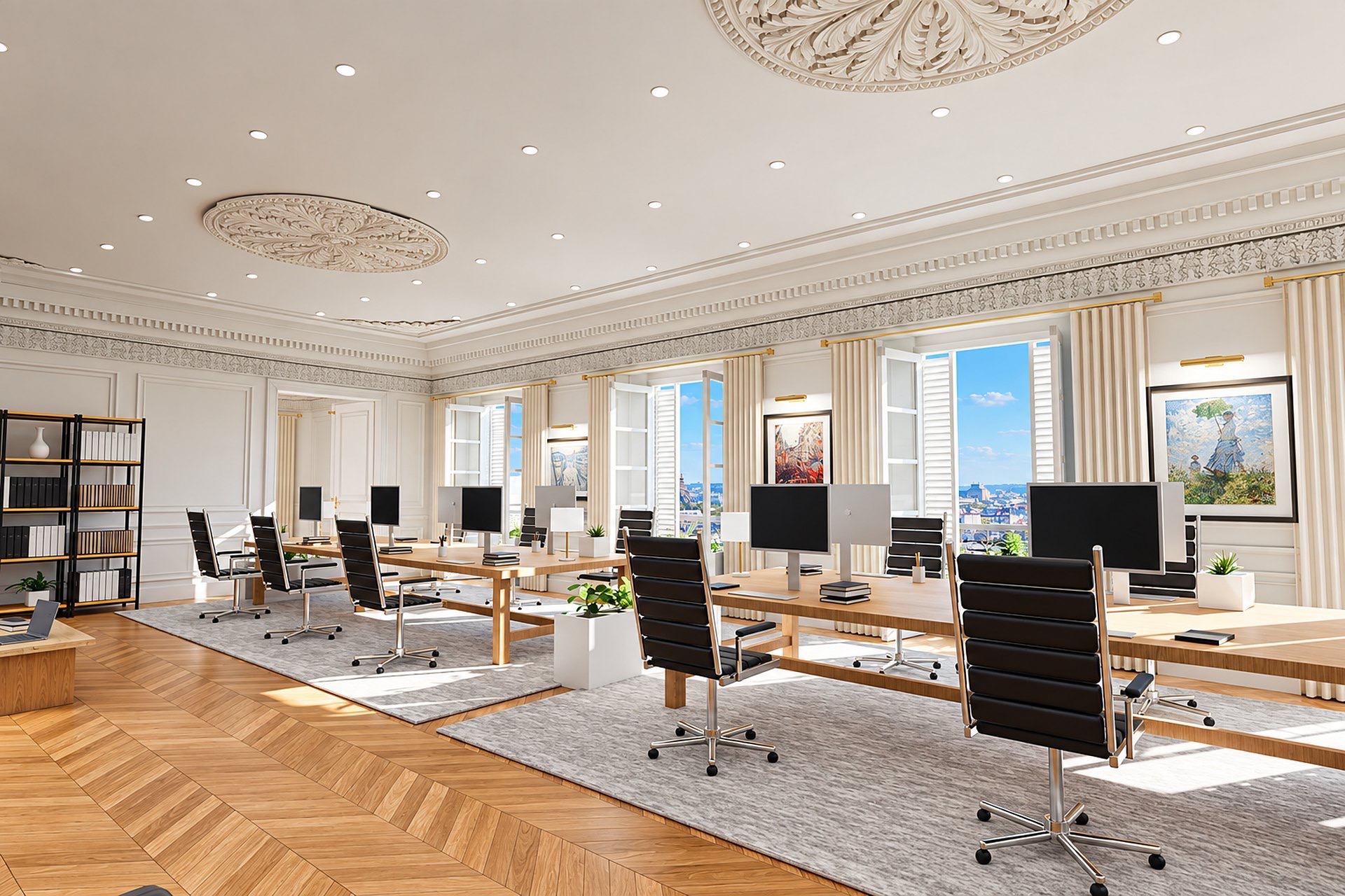 Le plateau des bureaux virtuels, 12 postes face à la tour Eiffel.