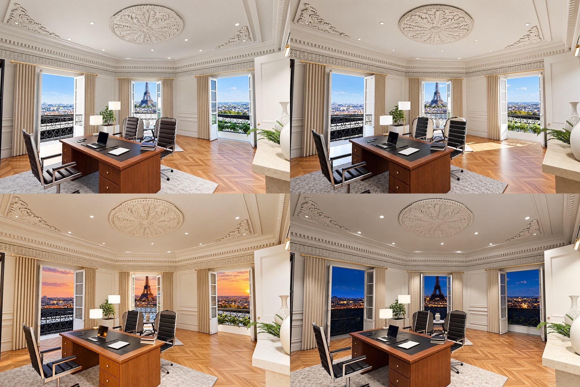 Le même bureau à 10 h, 16 h 30, 19 h et 21 h : même mobilier, même décor, même paysage, seule la lumière change.