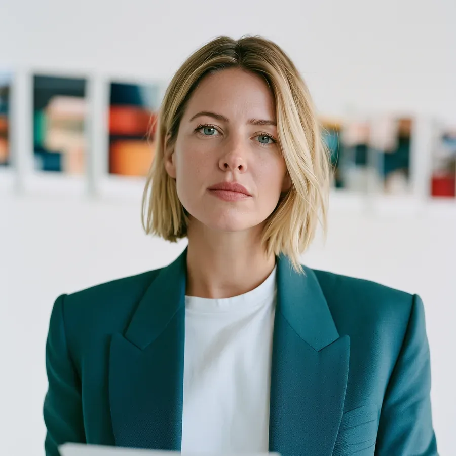Image générée par intelligence artificielle : le portrait de référence d'Alicia, agent d'intelligence artificielle.