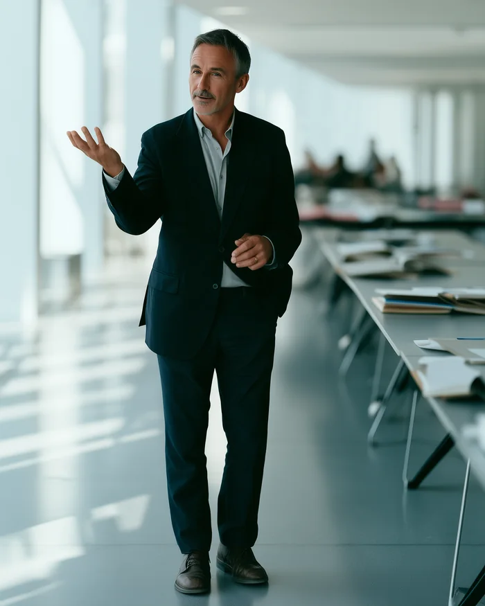 Image générée par intelligence artificielle : Nestor qui explique, des silhouettes de personnes au fond de la pièce ; image écartée.