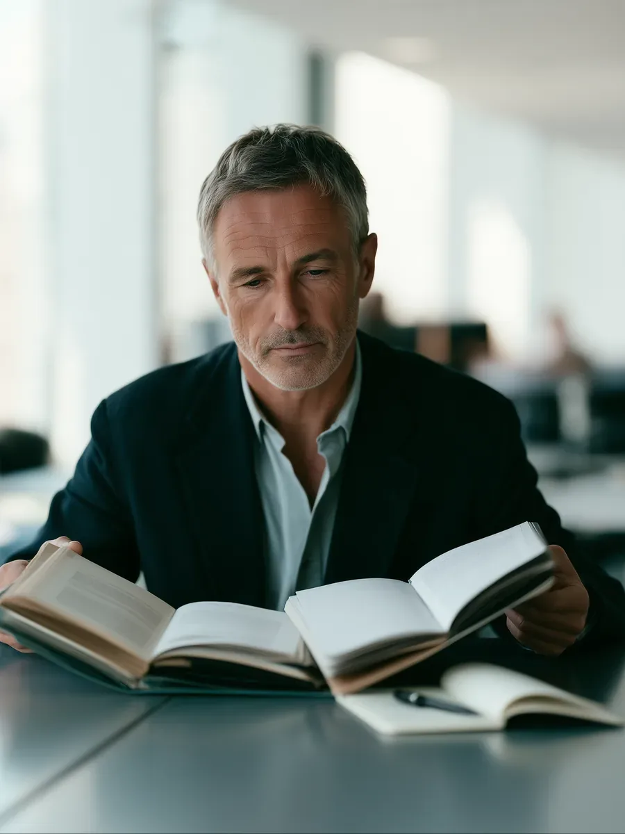 Image générée par intelligence artificielle : Nestor à son bureau, penché sur des dossiers.