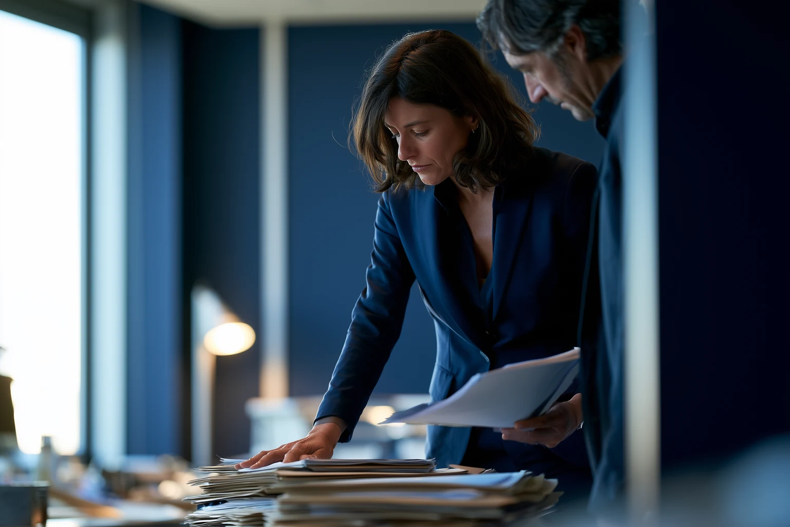 Illustration IARH Consulting : un responsable arrête d'un geste ferme un tapis de dossiers qui défile, et en ouvre un seul.