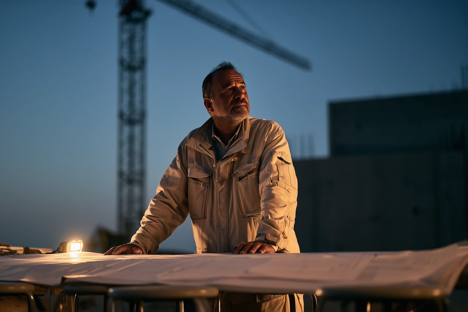 Illustration IARH Consulting : sur un chantier au crépuscule, un dirigeant seul devant une table de plans, les autres sièges vides.