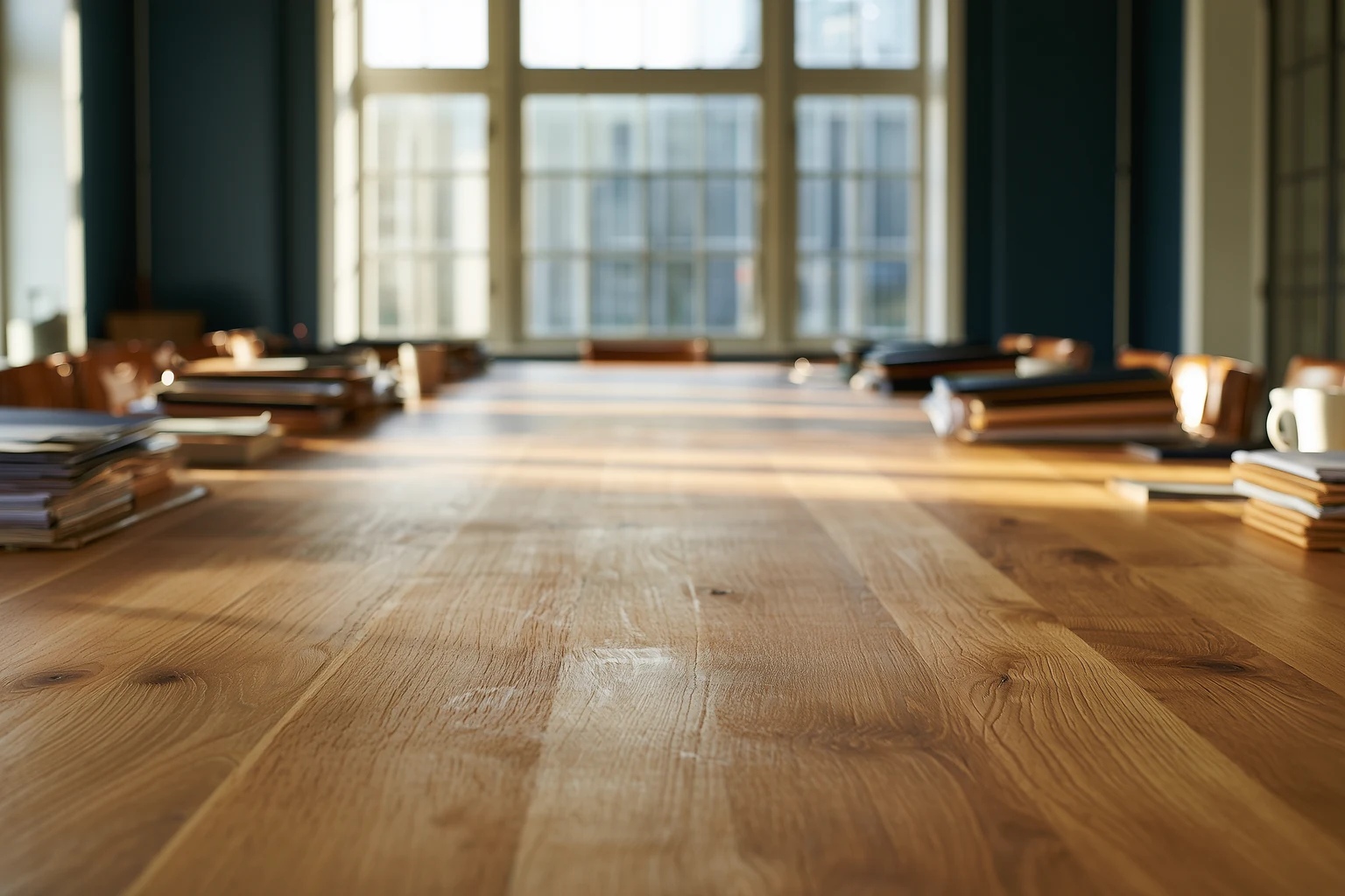 Illustration IARH Consulting : une longue table de conseil, un groupe de dossiers à chaque extrémité, et entre les deux une large étendue de bois nu.