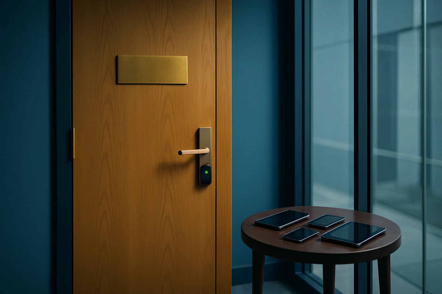 Illustration IARH Consulting : une porte de salle de réunion fermée dans un couloir clair, et sur une table voisine des appareils personnels laissés à l'extérieur.