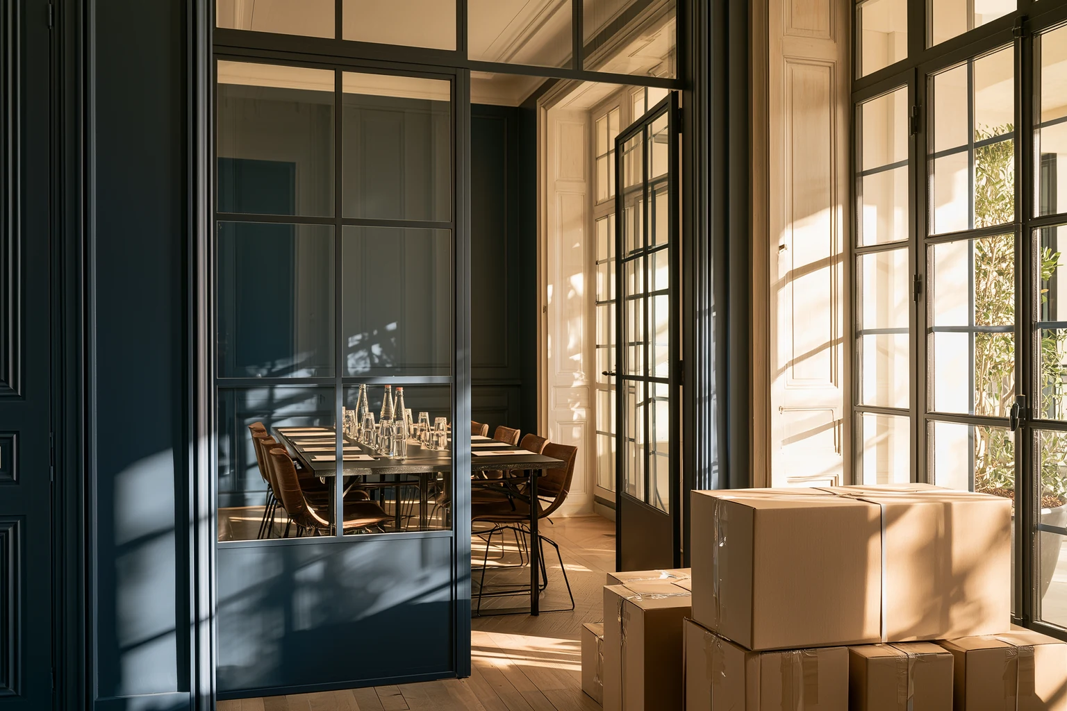 Illustration IARH Consulting : une salle de réunion du personnel vide, chaises rangées, et dans le couloir devant la porte des cartons de livraison encore sanglés.