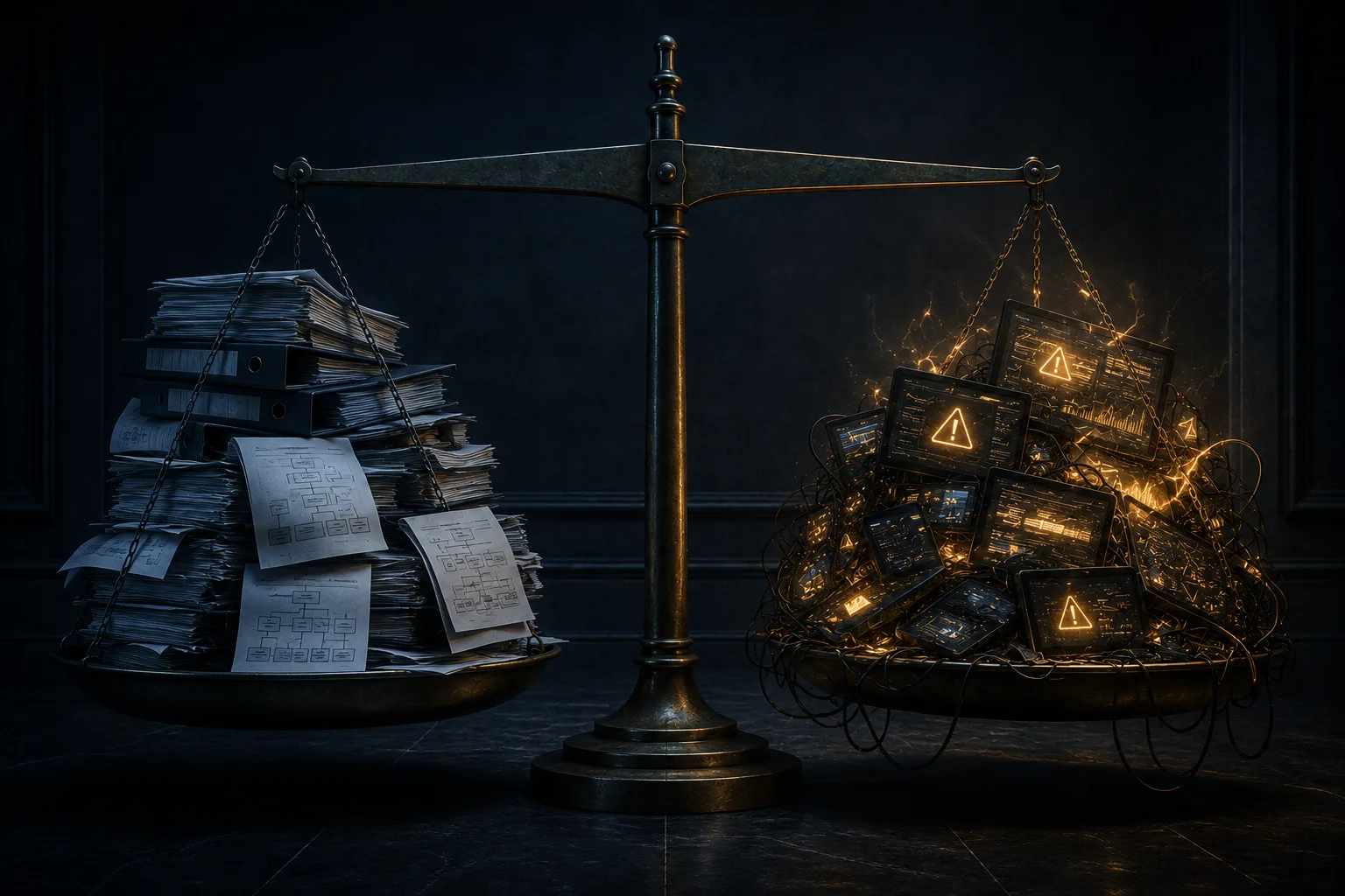 Illustration : deux charges empilées sur les épaules d'un manager, une masse ancienne de dossiers et de réorganisations, et une surcharge récente faite d'écrans et d'alertes.