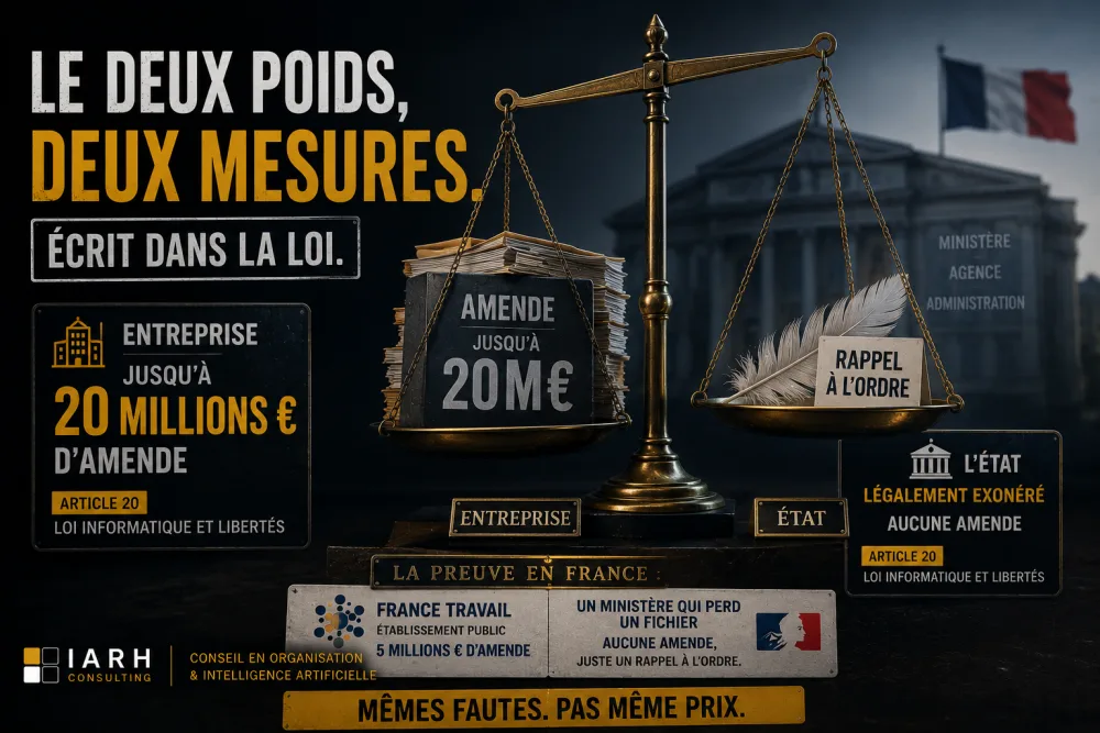 Infographie IARH Consulting : « Deux poids, deux mesures, écrit dans la loi ». Une balance opposant une amende jusqu'à 20 millions d'euros pour l'entreprise à un simple rappel à l'ordre pour l'État.