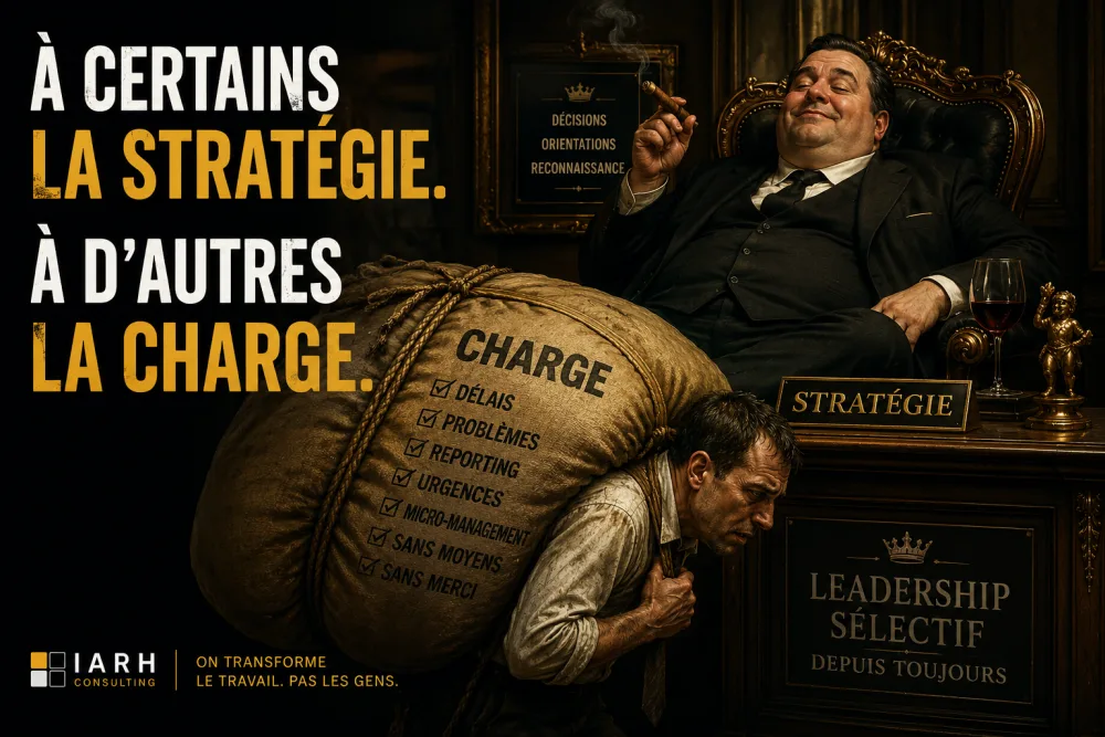 Infographie IARH Consulting : « À certains la stratégie, à d'autres la charge ». Un dirigeant au repos face à un employé ployant sous une charge faite de délais, urgences et reporting.