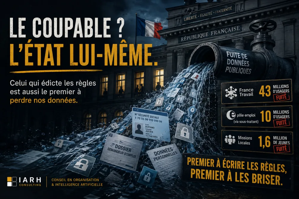 Infographie IARH Consulting : « Le coupable ? L'État lui-même ». Une canalisation de données publiques qui fuit, avec les chiffres France Travail 43 millions, Pôle emploi 10 millions, missions locales 1,6 million d'usagers.