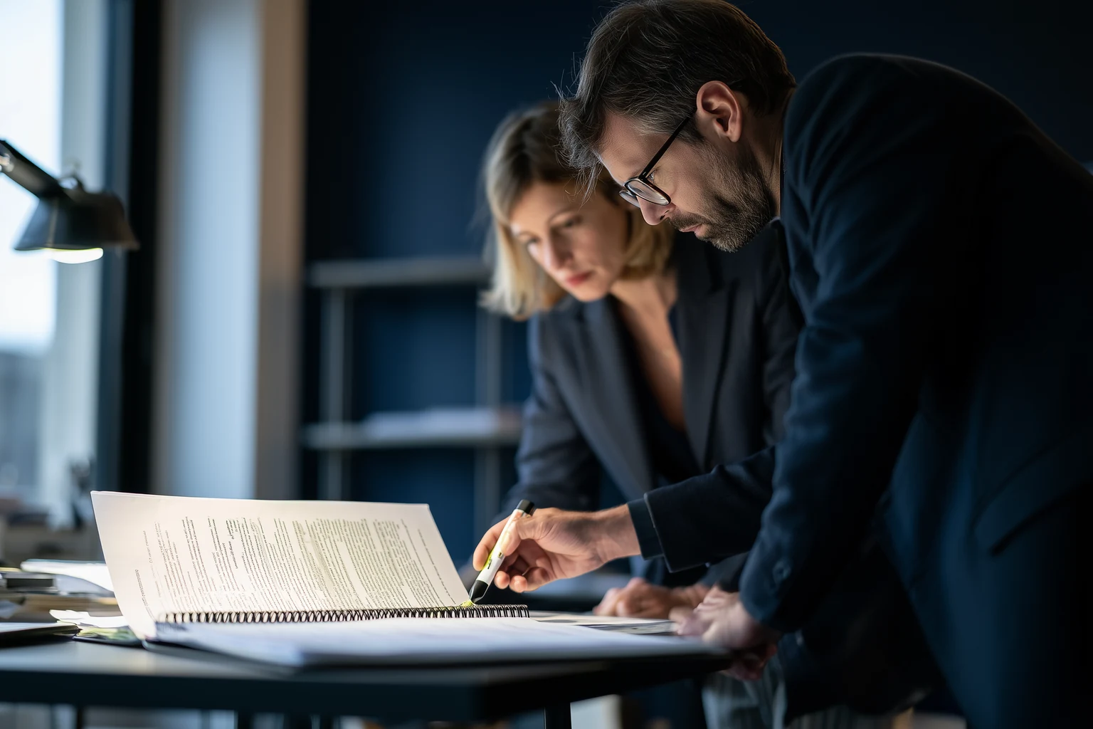Illustration IARH Consulting : une dirigeante et son juriste examinent un contrat épais dont une seule clause est éclairée.