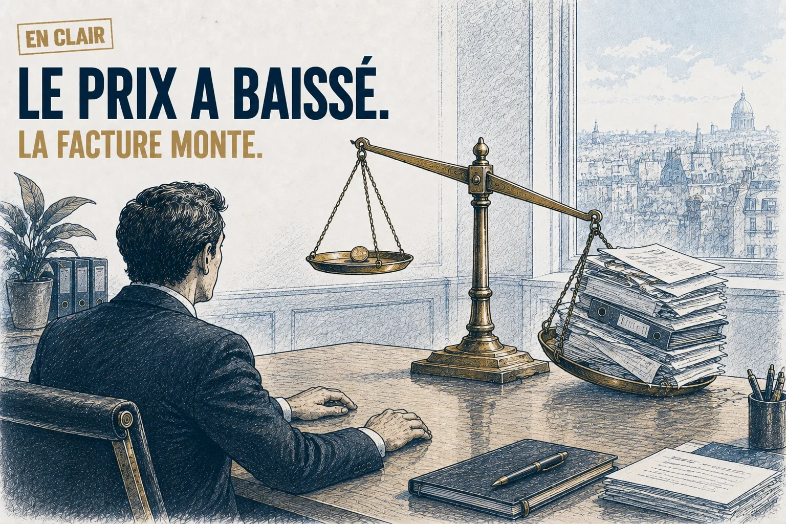 Dessin de presse : un comité de direction devant un tableau où une seule colonne, celle du prix unitaire, descend, tandis que quatre autres colonnes montent sans que personne les regarde.