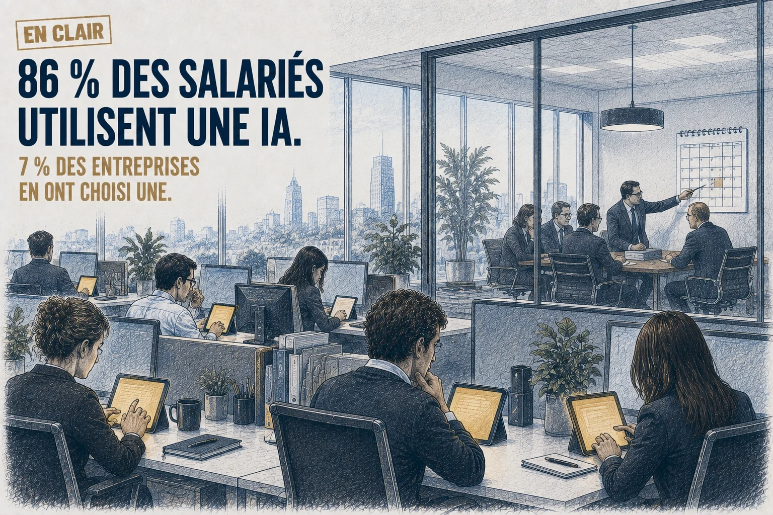 Dessin de presse : dans un open space lumineux, les salariés travaillent chacun sur une tablette dorée, pendant que, derrière une vitre, le comité de direction délibère autour d'un classeur fermé.