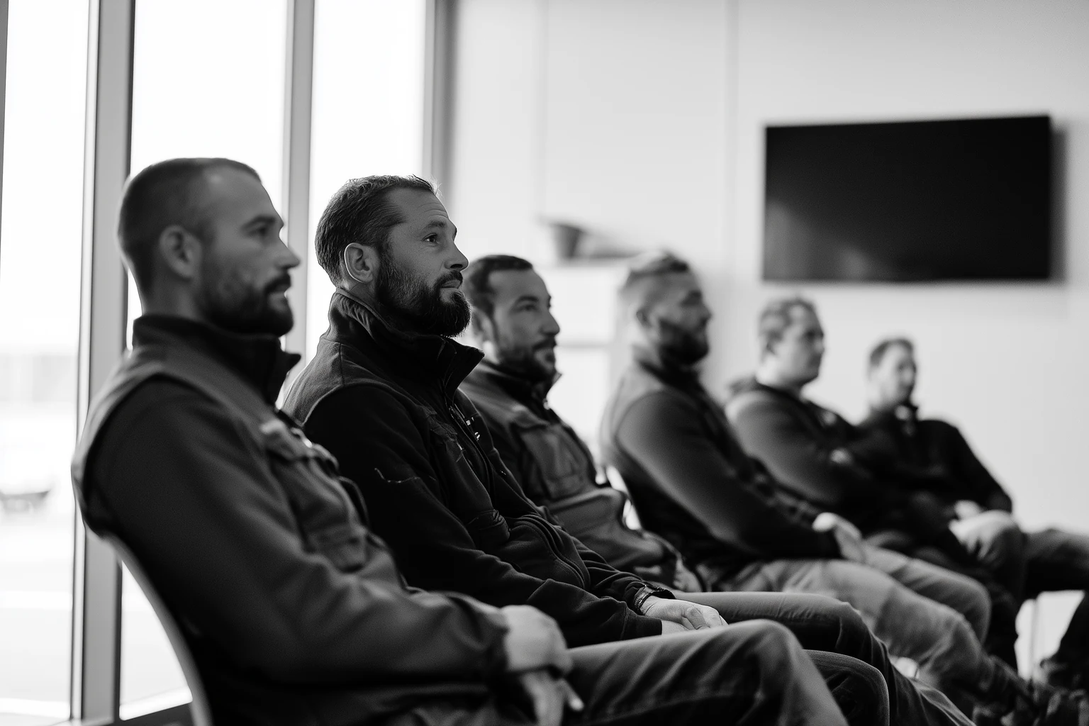 Une salle de formation dans une entreprise du bâtiment, six compagnons assis face à un écran.