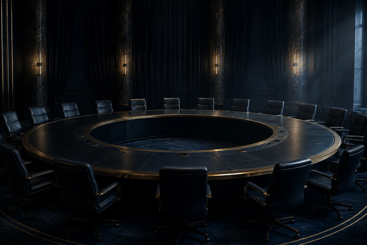 Illustration : une grande table de sommet international vide, vue en plongée, atmosphère solennelle, sans personne ni drapeau identifiable.