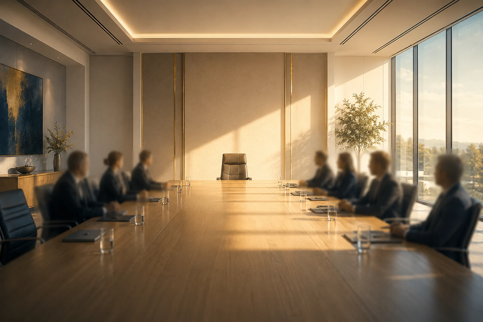 Illustration d'une table de conseil à l'heure bleue : le siège principal, en bout de table, reste vide sous un halo doré.