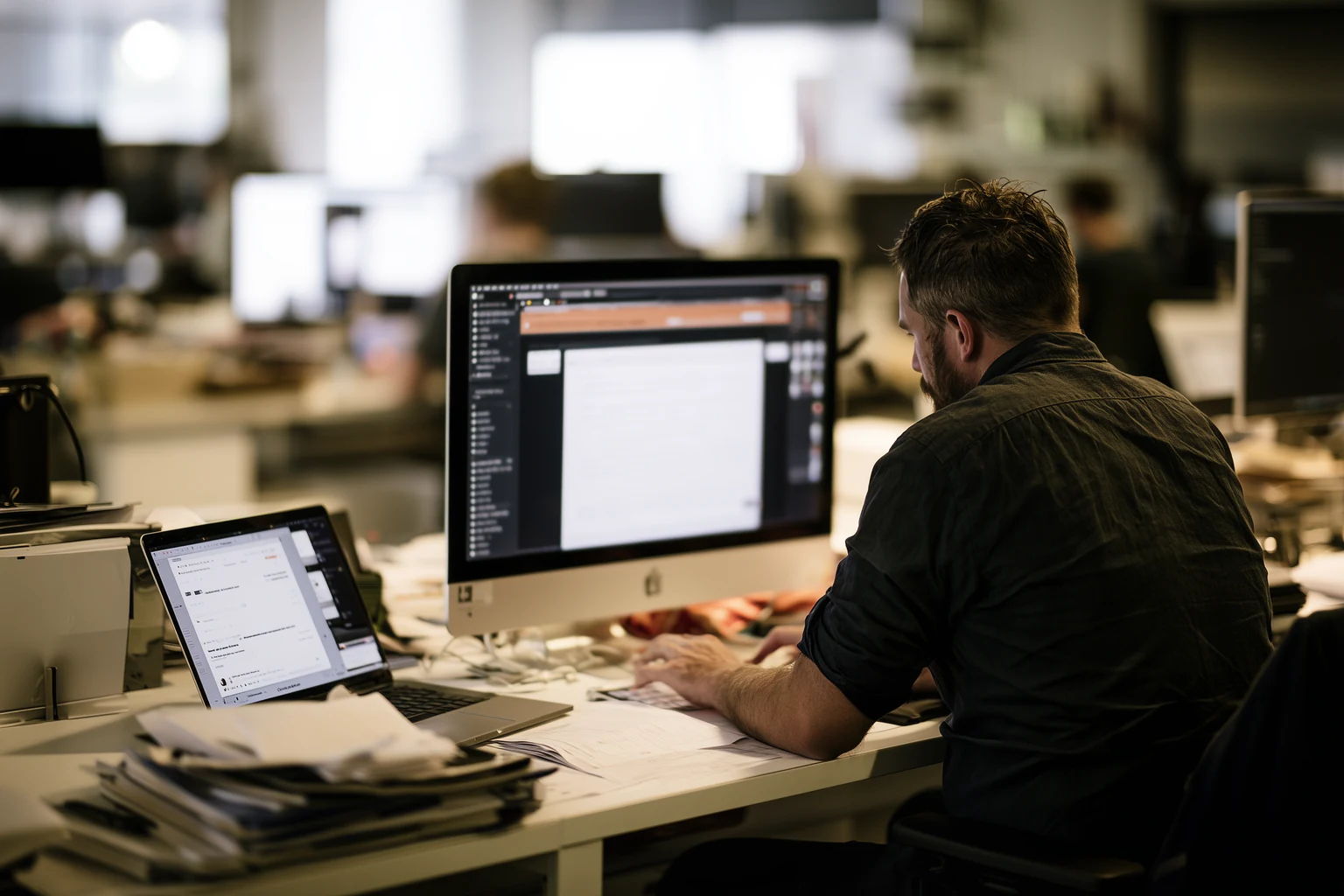 Illustration IARH Consulting : à un poste de travail, l'écran professionnel affiche l'intranet, et les mains sont sur le clavier d'un ordinateur portable personnel posé à côté.