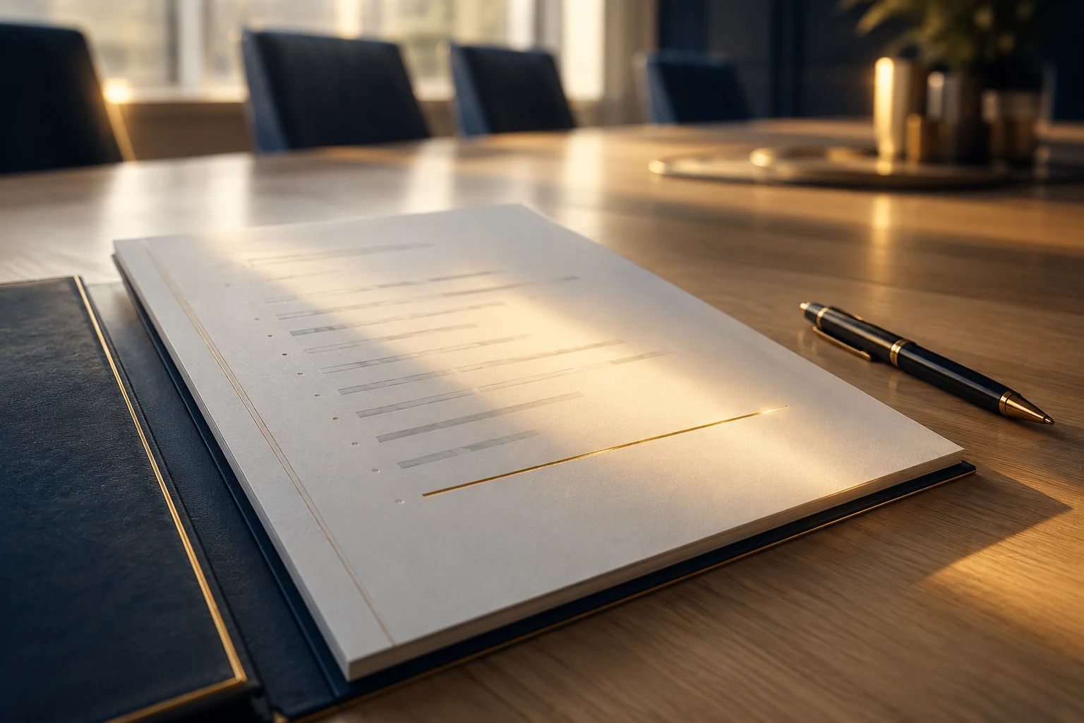 Illustration d'un ordre du jour posé sur une table de conseil, dont une ligne reste en attente, éclairée par un rai de lumière dorée.