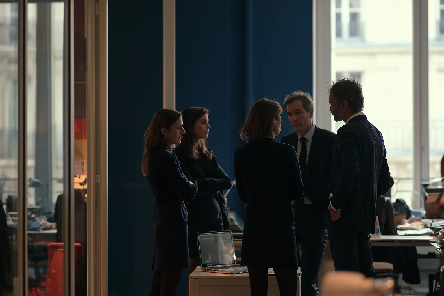Illustration IARH Consulting : quatre collègues debout en cercle autour d'un ordinateur portable posé sur une table haute, l'un désignant l'écran, un autre prenant des notes.