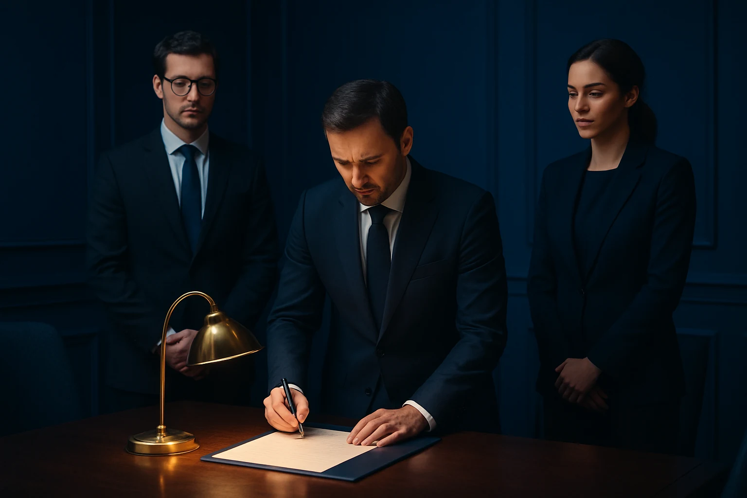 Illustration IARH Consulting : en bout de table de conseil, un dirigeant relit un document avant de le signer, la salle attend.
