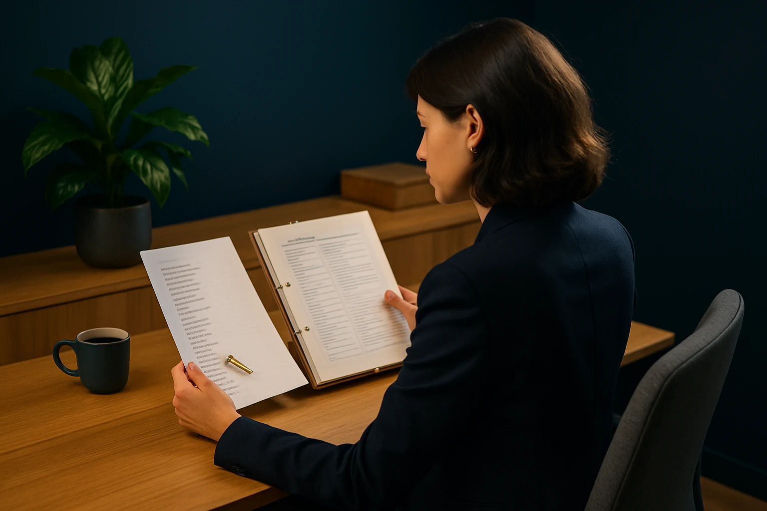 Illustration IARH Consulting : une directrice des ressources humaines compare une liste d'intitulés de postes aux fiches de fonction de son entreprise.