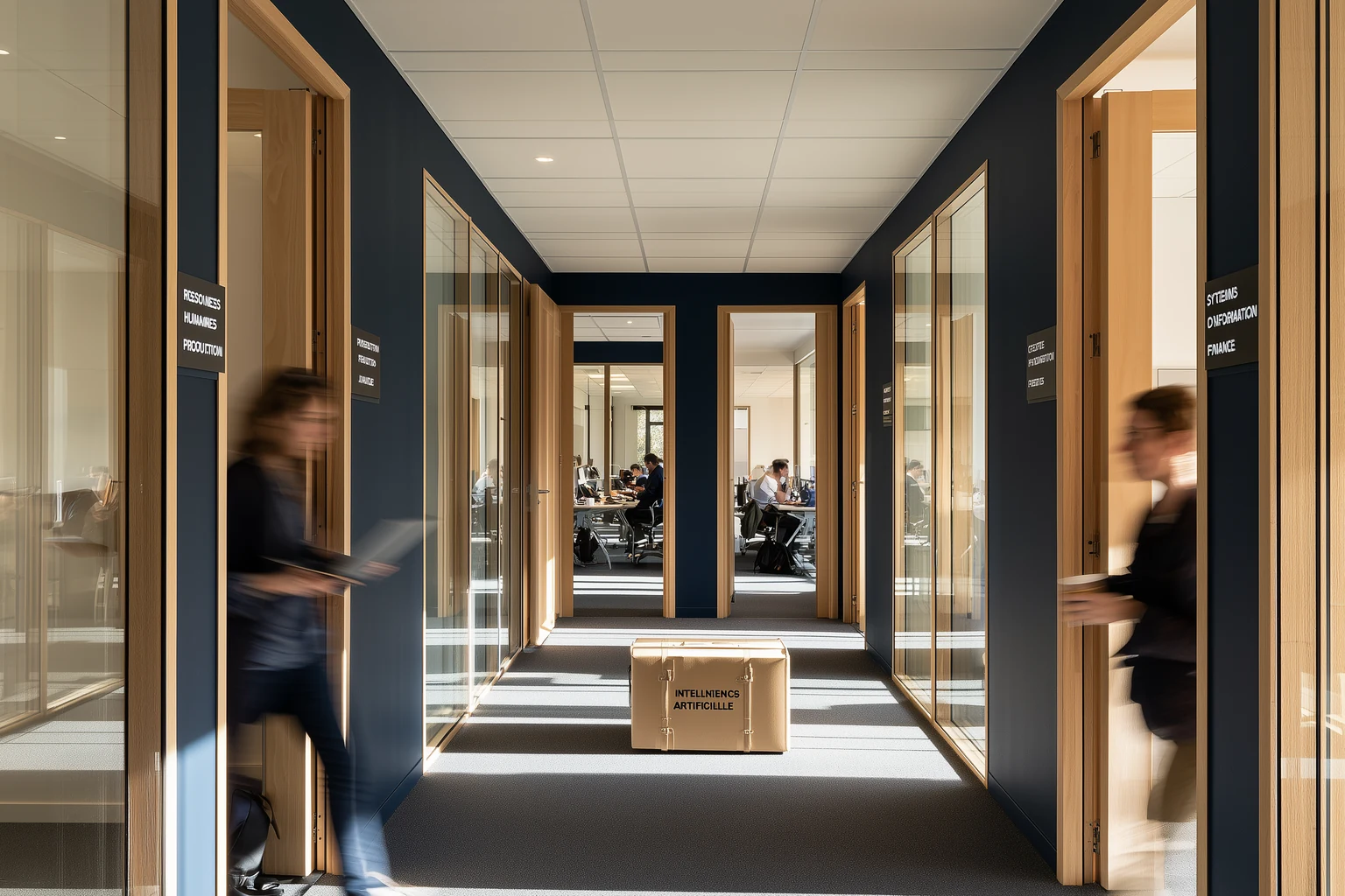 Illustration IARH Consulting : un couloir de bureaux vitré, cinq portes entrouvertes sur des équipes au travail, un dossier fermé posé au sol au milieu du passage.