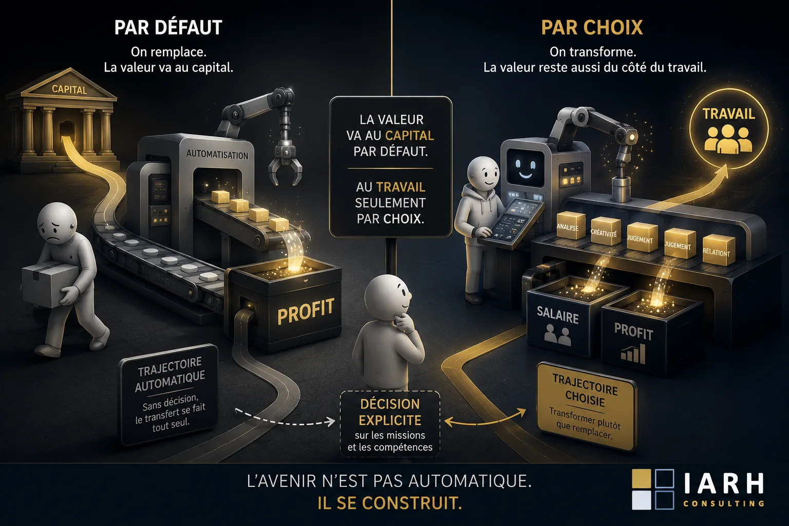 Infographie : par défaut, l'automatisation envoie la valeur au capital sous forme de profit ; par choix, en transformant le travail, la valeur reste aussi du côté des salaires.